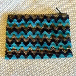 Zig zag seed beaded zip coin pouch tribal bohemian boho turquoise blue